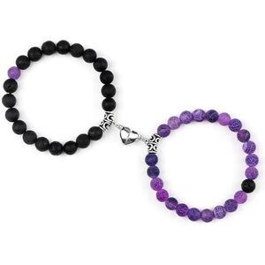Set Of 2 Matching Couple Bracelets Magnetic Heart - Stone Beads, Stretch, Unisex